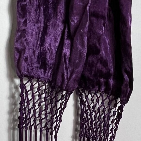 Purple Crushed Velvet Scarf with Macrame Fringe, 85" x 5.5" - Picture 6 of 7